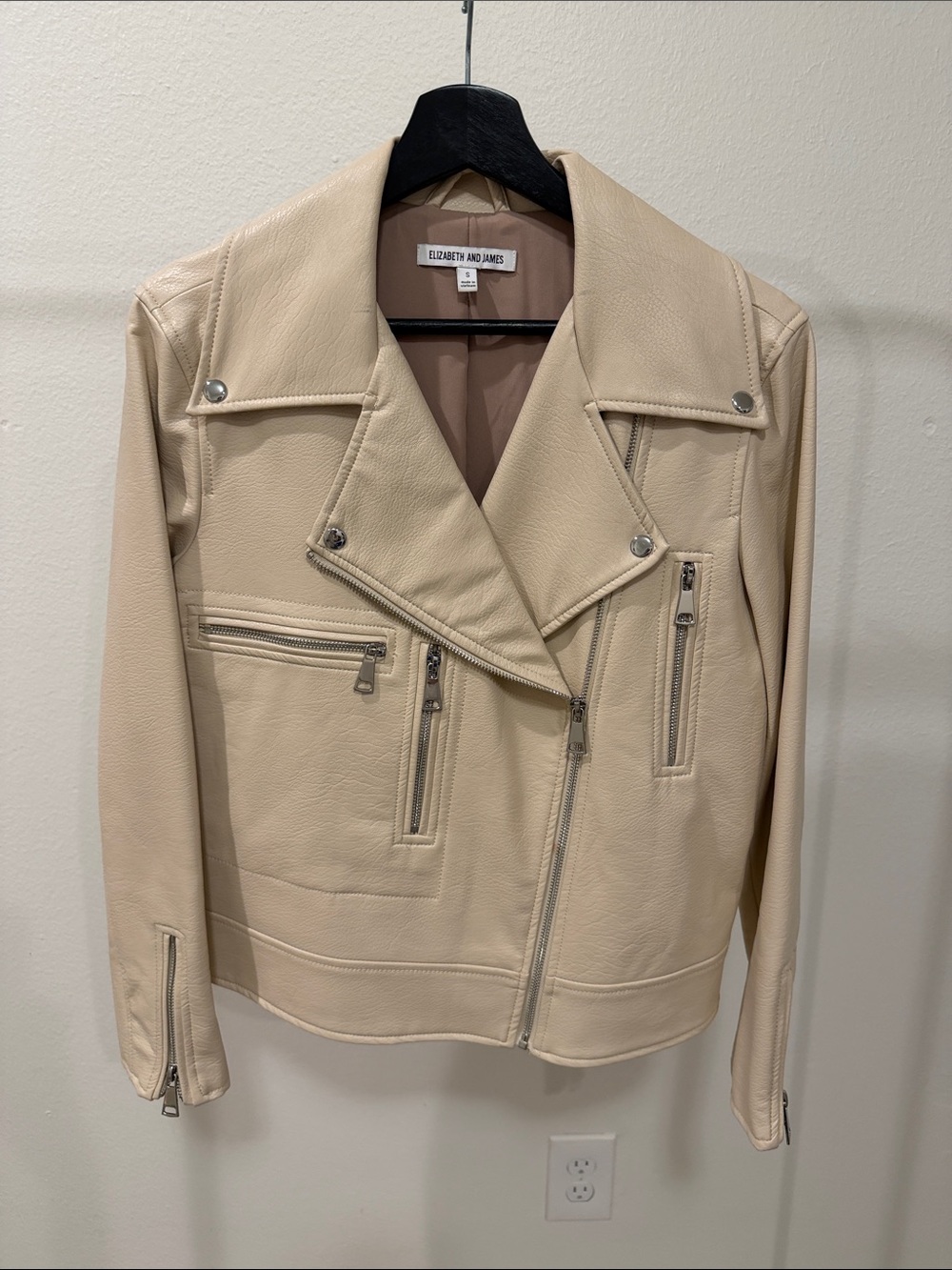 Elizabeth and James Beige Leather Moto Jacket